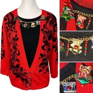 Holiday Cathy Daniels Red Black Floral Sweater Festive Christmas Charms Size M